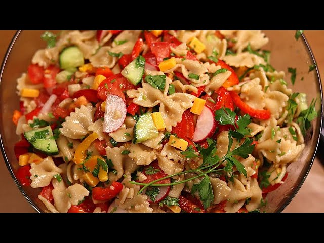 This colorful pasta salad with oil and mustard dressing without majo is super tasty