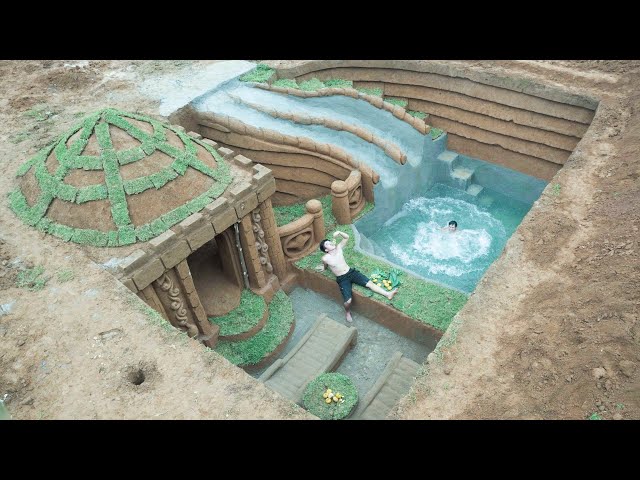 Building 1M Dollars Water Slide Park into Underground Swimming Pool House - Primitive Survival