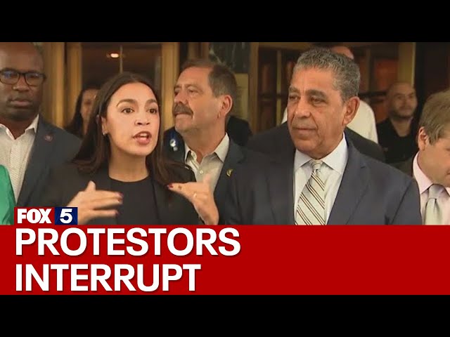 NYC migrant crisis: AOC interrupted by protesters at Roosevelt Hotel