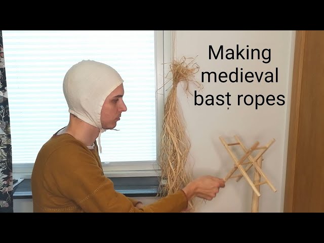 Medieval rope making with bast using a reel and a stick