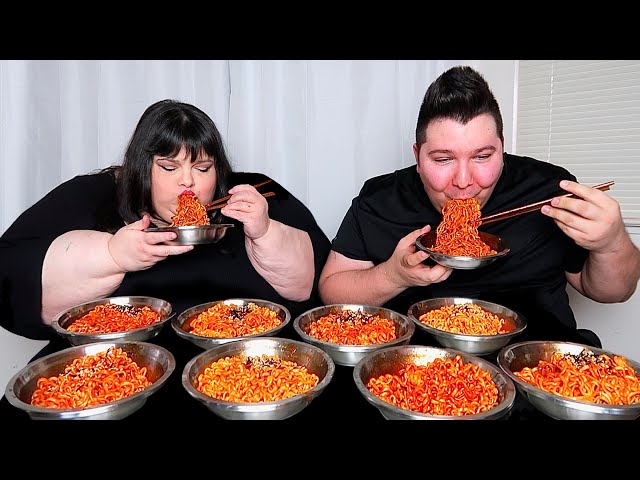 EXTREME FIRE NOODLE CHALLENGE WITH HUNGRY FAT CHICK • Mukbang & Recipe