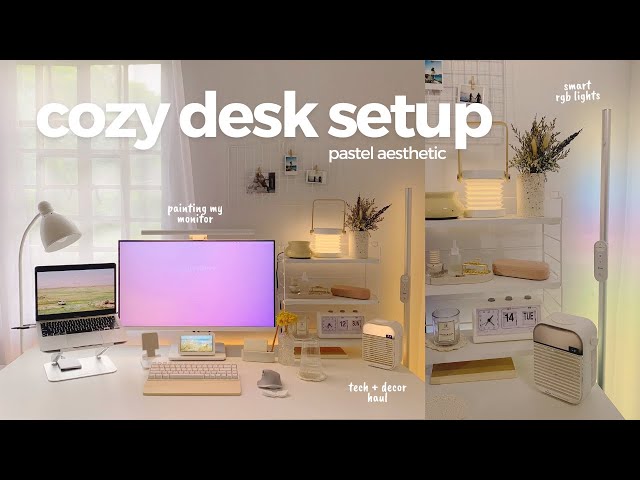 desk makeover 🎐 cozy pastel setup, painting my monitor, wfh tech haul, organizing + decor tips