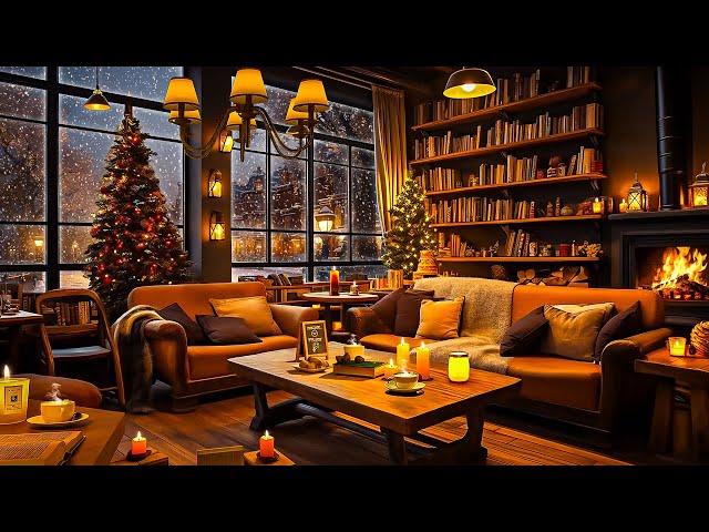 Relaxing Jazz Instrumental Music in Cozy Winter Coffee Shop Ambience with Crackling Fireplace