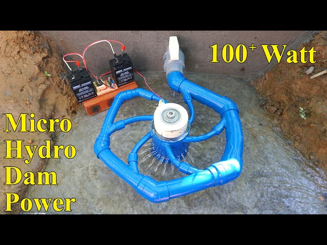 Mini hydroelectric with a turbine system of 6 inlet valves. Free hydroelectric science project.