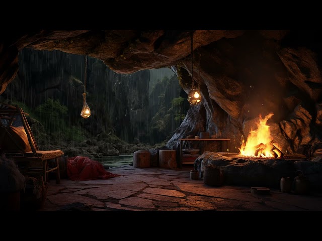 Cozy Ambience with a Campfire | Rain Sounds and Crackling Fire Sounds to Fall Asleep in Cozy Cave