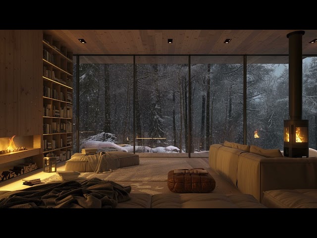 Cozy Winter Retreat: Snowfall ASMR and Crackling Fireplace in Living Room for Stress Relief, Relax