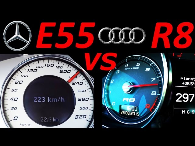 Tuned Mercedes E55 AMG vs AUDI R8 - 0-200 Acceleration Sound Onboard Autobahn compare