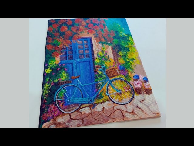 Flower Garden Wall Painting / how to paint bicycle with flower / acrylic painting for beginners
