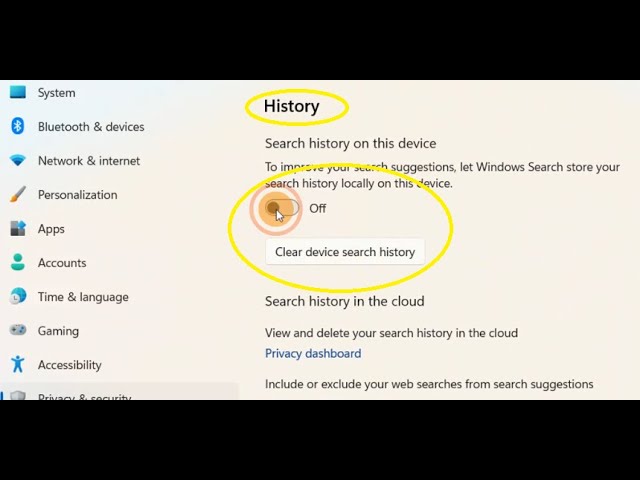 how to turn off device search history on windows 11 PC