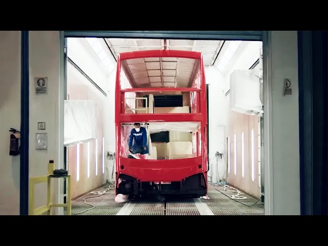 How double-decker buses are produced in factory. Production process and review