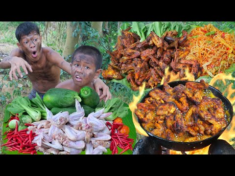 Primitive technology - Chicken wing cooking for food - Eating show