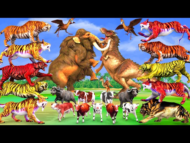 10 Giant Tiger Vs 10 Giant Buffalo Cow Fight Mini Cow Saved By Woolly Mammoth Elephant Vs Dinosaur