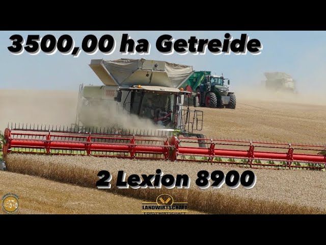 3500ha Getreide mit 2 Claas Lexion 8900 - 18.000L Korntank - 1380 Convio Großeinsatz Getreideernte