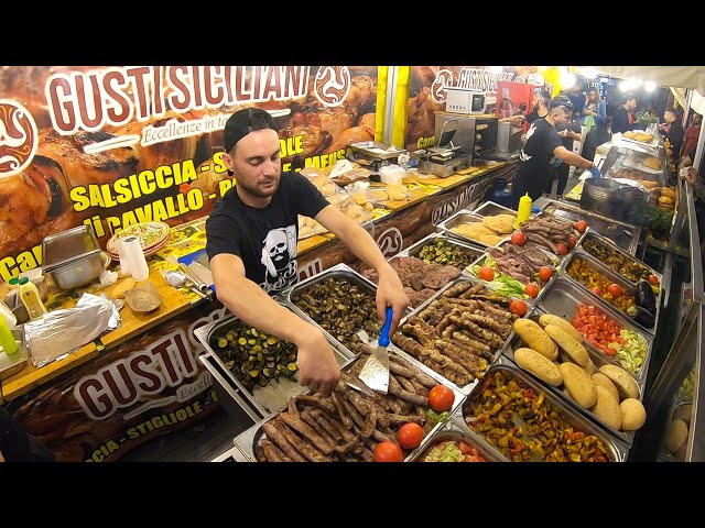 Street Food from Sicily, Italy. Sausages, Burgers, Grilled Meat, Cannoli, Meusa, Stigghiola