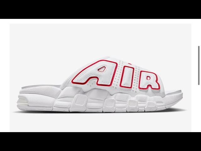 Photos of the Nike Air More Uptempo Slide White/Red Colorway Retail Price $85 Sneakerhead News 2023