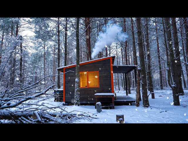Thaw and snow, the forest house has become even more cozy, off grid cabin in the snowy woods