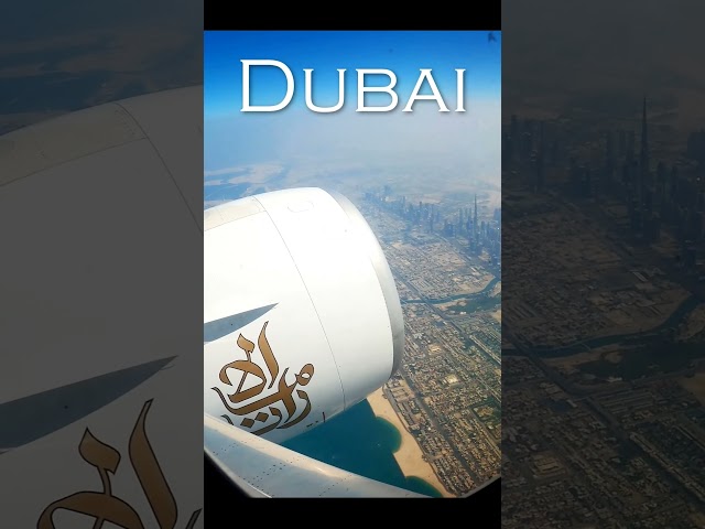 Dubai view from Emirates Boeing 777 plane window on Burj Khalifa 4K UHD