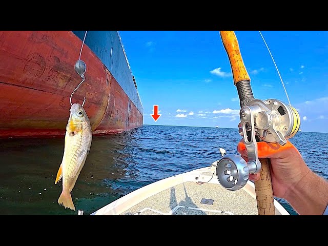 Fishing a LIVE! CROAKER under this FREIGHTER Ship in the GULF of MEXICO!