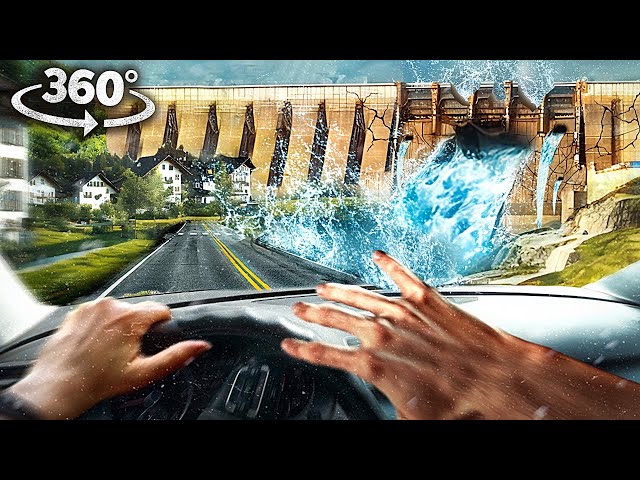 360 DAM FAILURE DISASTER - Car Escape from Tsunami in Samll Town VR 360 Video
