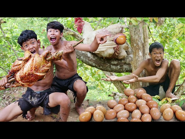Primitive Technology - See big chicken egg & cooking - Eating delicious
