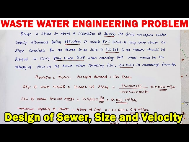 design of sewer, Quantity of sewage in combined sewer Problem, sewer size and velocity calculation
