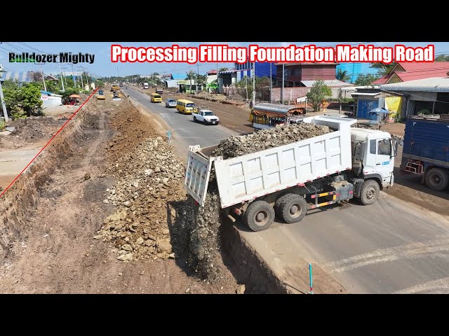 Processing Filling Foundation Making Road, By Bulldozer SHANTUI And Dump Truck 25Ton Unloading