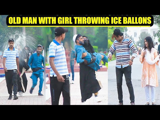 Old Man With Girl Throwing ice Water Balloons At People | Decent Boys Prank