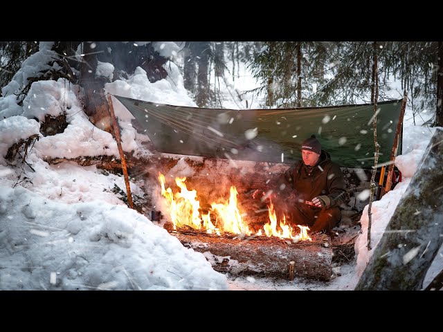 Solo Camping in Survival Shelter from Poncho Tent During Storm - Long Fire - ASMR