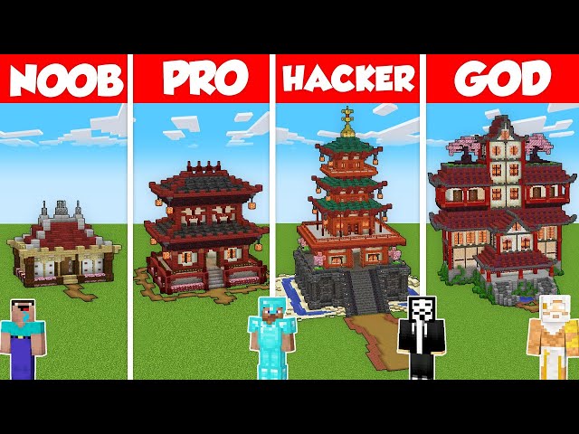 JAPANESE HOUSE BASE BUILD CHALLENGE - Minecraft Battle: NOOB vs PRO vs HACKER vs GOD / Animation
