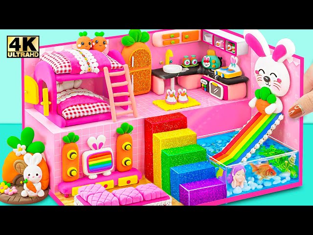 How To Make Pink Bunny House with Bunk Bed, Rainbow Stairs, Aquarium from Clay - DIY Miniature House