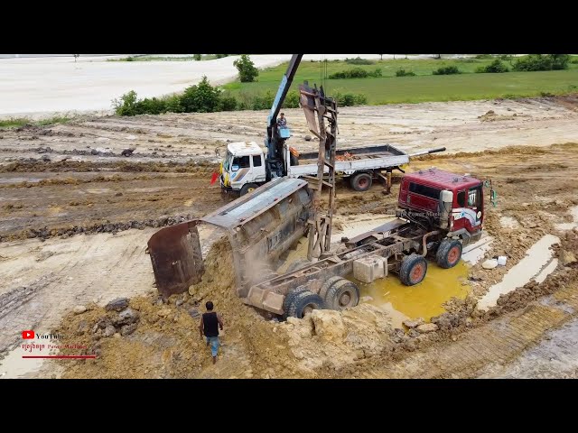 Daewoo Dump Truck ​Land Fails And Amazing Recovery Helping Up Bulldozer & Crane Truck Operation