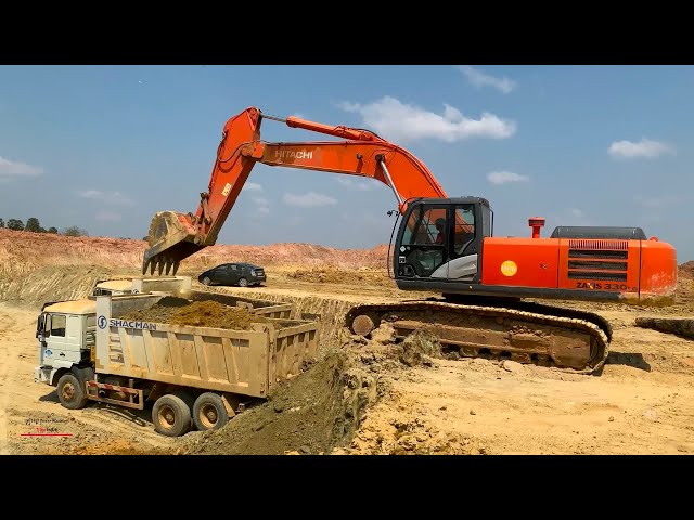 Extremely Digging Dirt Removing Into Dump Truck Operating Excavator Hitachi Zaxis330lc