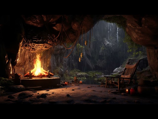 Deep Sleep in Cozy Cave with Rainy and Bonfire Sounds for Goodbye Stress, Relax & Insomnia Relieves
