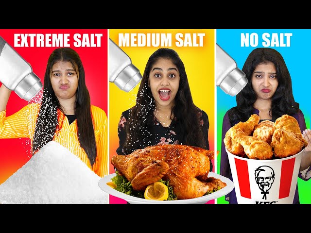EXTREME SALT Vs MEDIUM SALT Vs NO SALT FOOD EATING CHALLENGE 🤩 | PULLOTHI