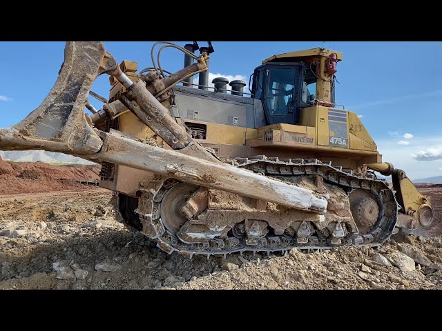 Huge Komatsu D475A Bulldozer Ripping On Hard Rock Bed