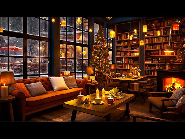 Cozy Winter Coffee Shop Ambience ❄️ Relaxing Piano Jazz Music & Crackling Fireplace to Work, Focus