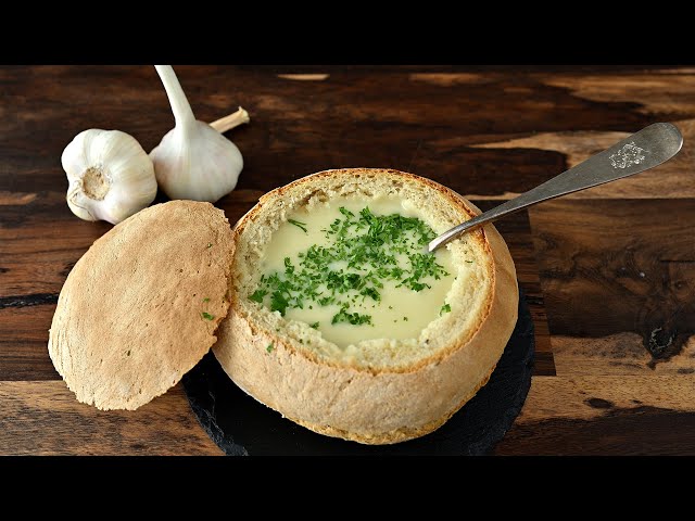 A typical Austrian dish: old garlic soup in bread