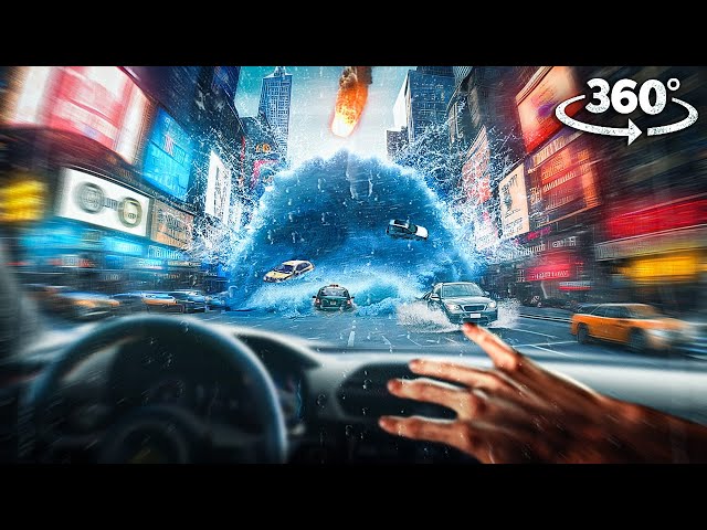 360° Asteroid and Tsunami Wave Hits the City - Escape in Car VR 360 Video 4k ultra hd