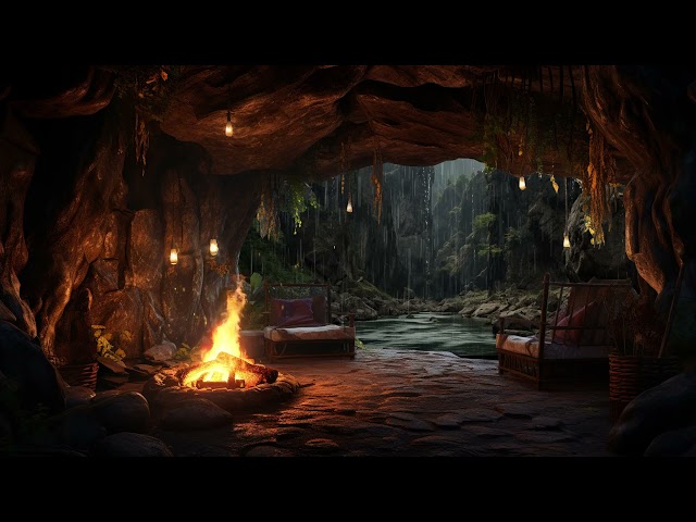 Sleep in Cozy Cave Ambience and Relax your Mind | Rain and Crackling Fire for Deep Sleep Instantly
