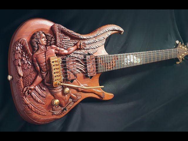 How i carved Icarus on 1 piece mahogany guitar body   ASMR wood carving process