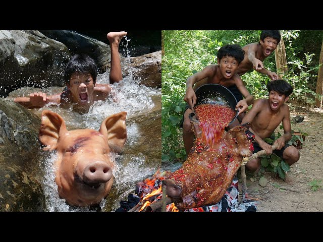 Primitive Technology - Meet Pig Head At River Take Cooking - Eating Delicious