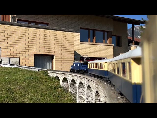 Fahrt durch den Garten aus der Sicht des Passagiers. Onboard Schöneggbahn RhB Pullman Express.