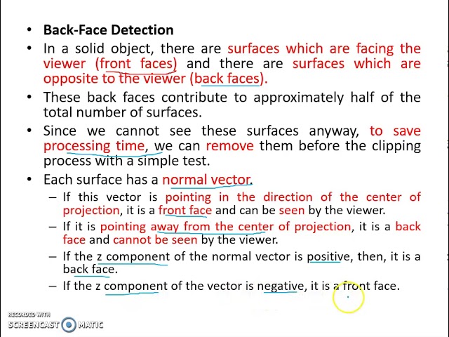 Hidden surfaces and Back face detection