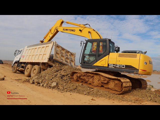 Dump Truck Soils Stuck Heavy Power Helping By Excavator Sumitomo SH210