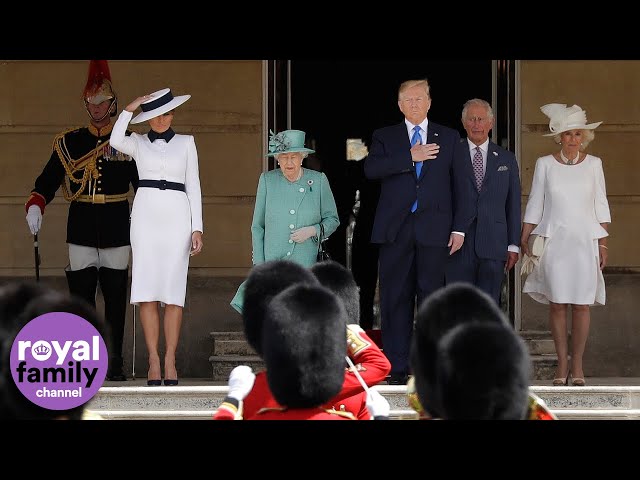 Donald and Melania Trump and The Queen stand for US National Anthem