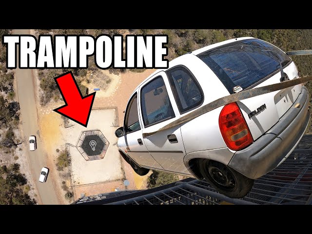 CAR vs. WORLD’S STRONGEST TRAMPOLINE- 150ft (45m) drop