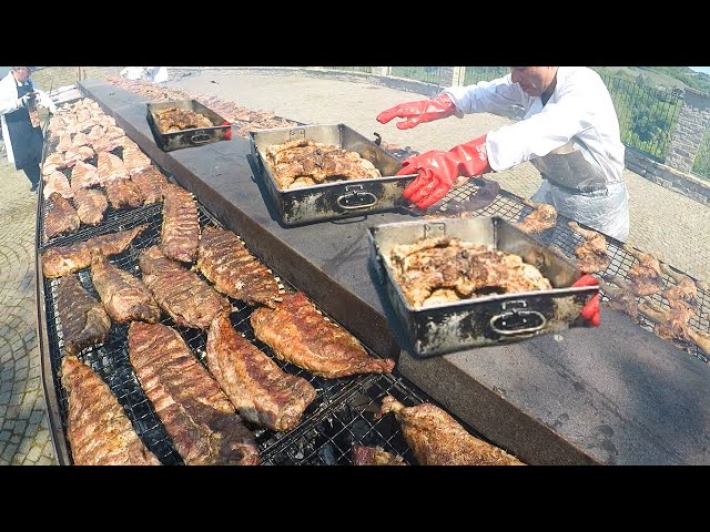 Italy Street Food Festivals. Extreme Grill of Meat, XXL Sausages, Ribs, Loin & more Foods