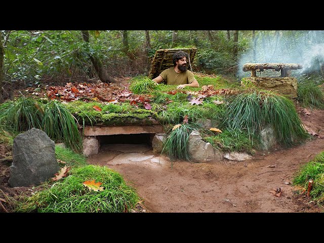 Building permanent hidden stone shelter to survive | Bushcraft & Stonecraft secret access tunnel