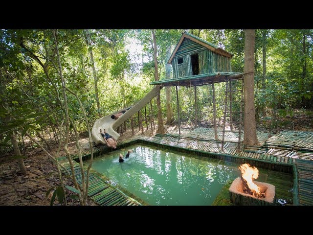 Build the Most Amazing Bamboo Villa Home heated Swimming Pool and Water Slide in The Jungle
