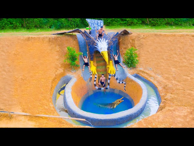 Build Swimming Pool Water Slide Eagle Around The Secret Underground House - Primitive Survival
